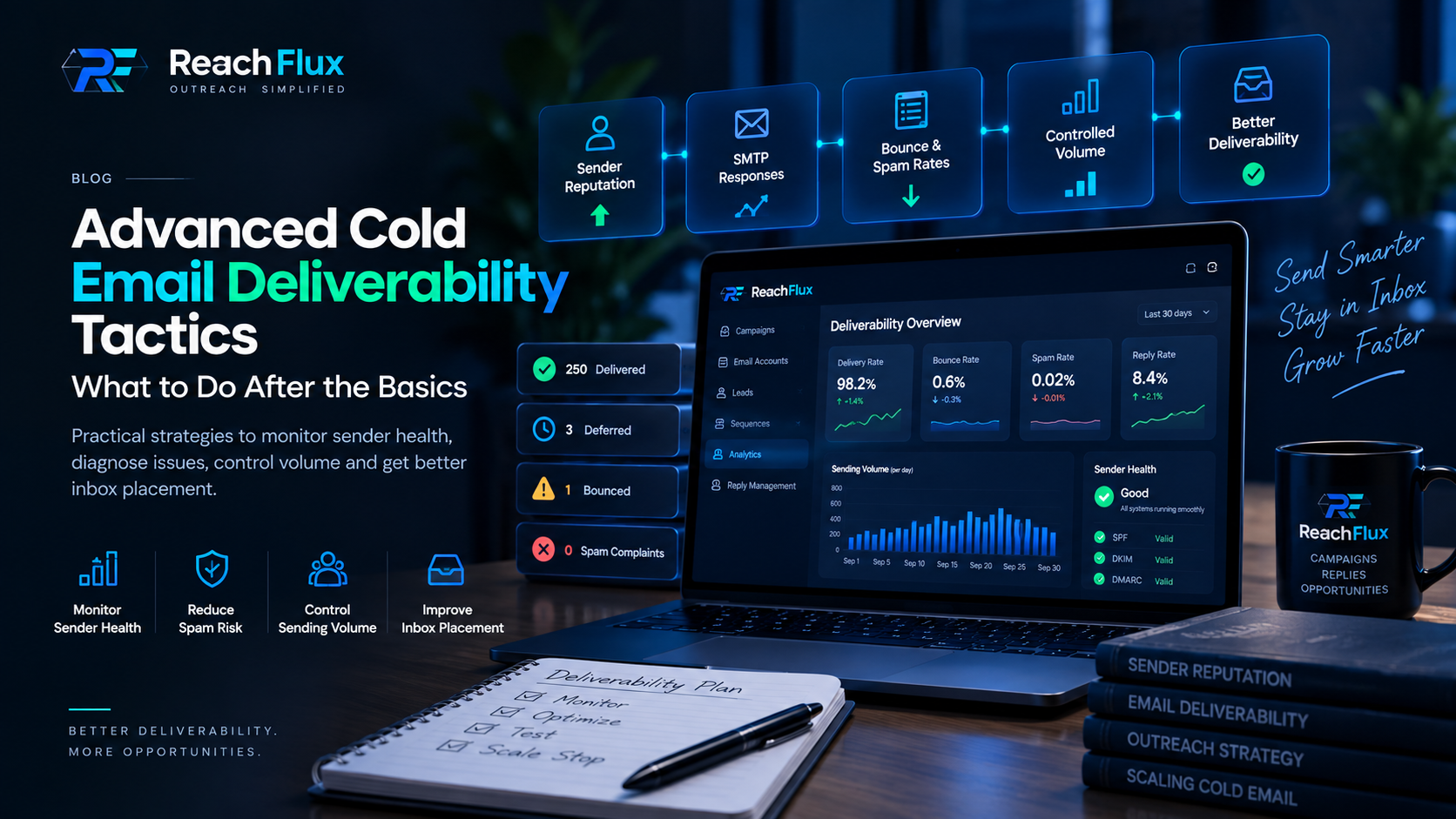 Advanced cold email deliverability workflow showing sender diagnostics, SMTP responses, reputation monitoring and controlled sending volume