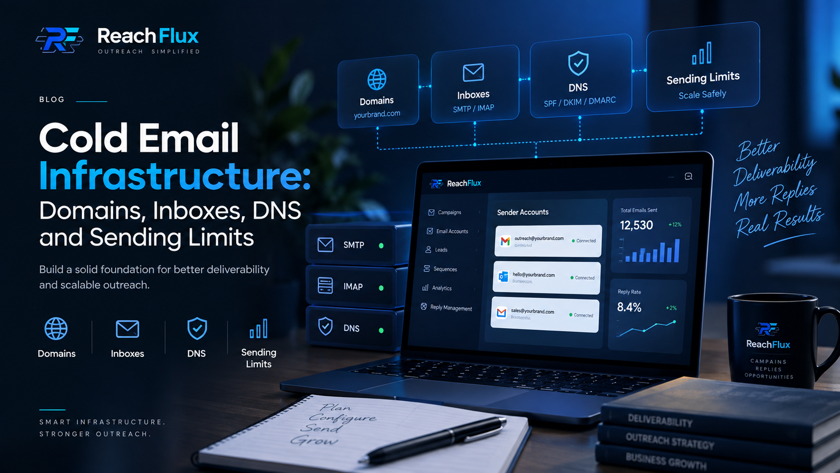 Cold email infrastructure diagram showing sending domains, DNS authentication, inboxes, SMTP, IMAP and campaign sending controls