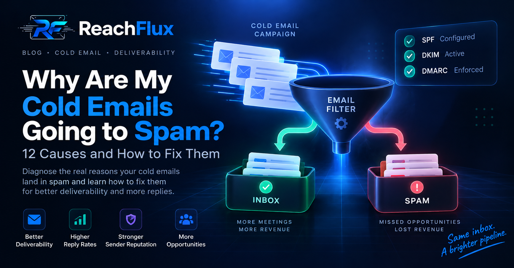 Cold email deliverability illustration showing messages being filtered between inbox and spam